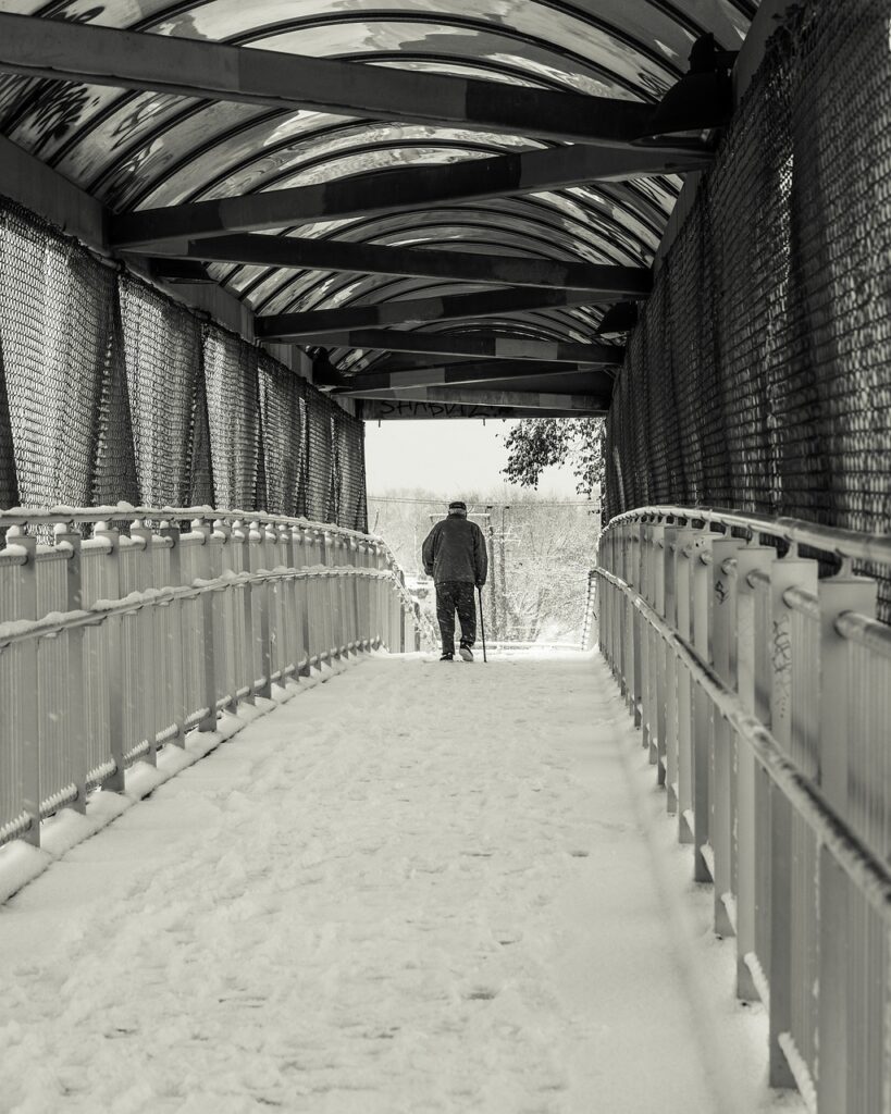 old, nature, man, snow, bridge, winter, walking, cane, stick, snowfall, cold, frost